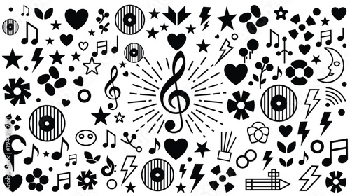 A collection of various music and art symbols in black on isolated with hearts stars flowers notes