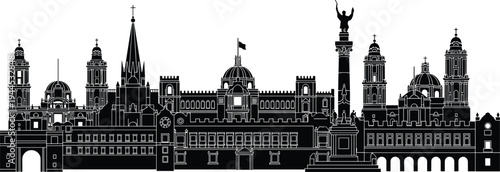 Mexico City historic center skyline silhouette vector illustration, Metropolitan Cathedral National Palace Angel of Independence landmark architecture travel tourism cityscape design