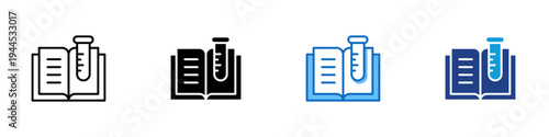 Research Study Multiple Style Icon Design Vector - Open book with laboratory test tube representing scientific research, academic study, and experimental learning