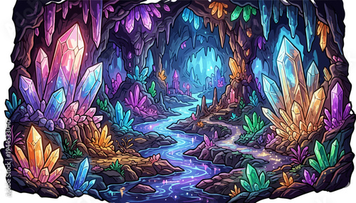 Glowing Crystal Cave River Fantasy Illustration