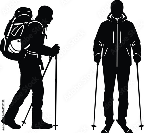 Black and white vector silhouettes of a hiker with backpack and a skier with poles for winter outdoor mountain sports.