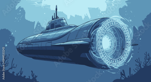 Submarine with Magical Portal Underwater Exploration Concept