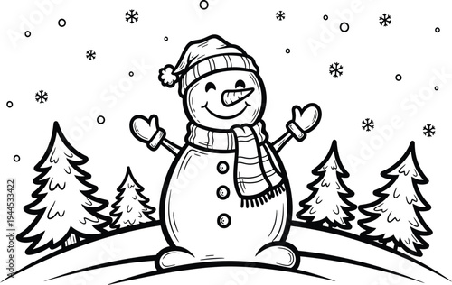 Smiling snowman winter wonderland coloring page for kids