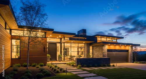 Stunning modern residential house with large windows and subtle exterior lighting at dusk