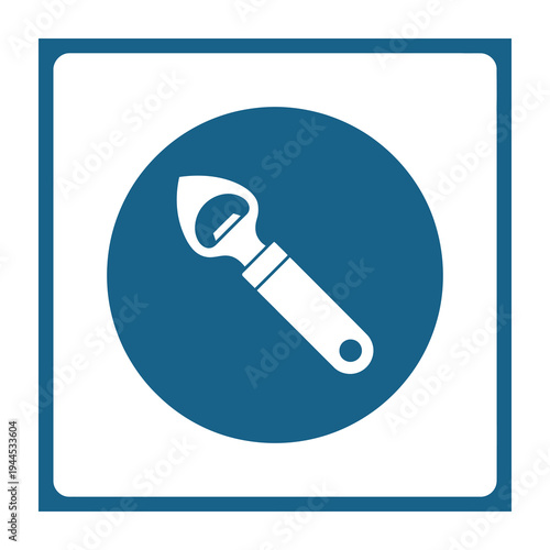 Blue and white vector icon of a bottle opener centered inside a circular frame.