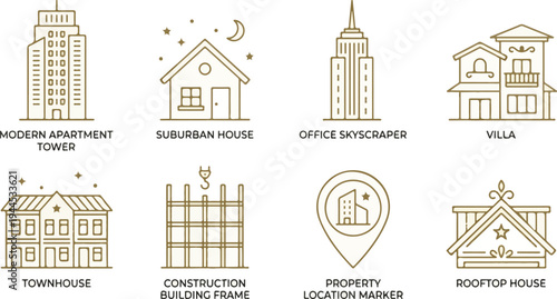 Symmetrical real estate building icons with consistent stroke weight