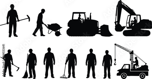 Silhouette construction workers operating tools machinery bulldozer excavator crane truck wheelbarrow teamwork labor building site illustration design