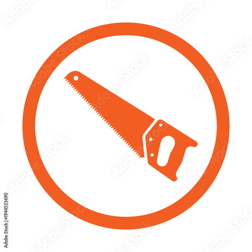 An orange vector icon of a hand saw inside a circular frame