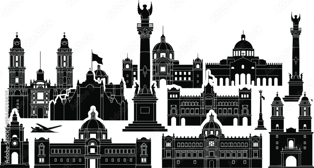Obraz premium Mexico City landmarks skyline silhouette, famous Mexican monuments collection, Angel of Independence cathedral architecture, historic travel destination illustration, urban tourism vector design