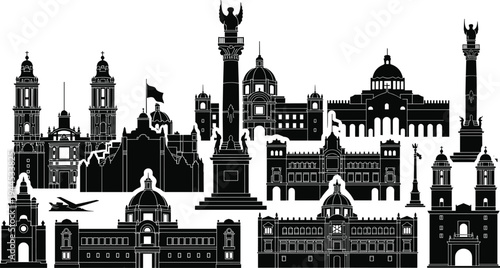 Mexico City landmarks skyline silhouette, famous Mexican monuments collection, Angel of Independence cathedral architecture, historic travel destination illustration, urban tourism vector design
