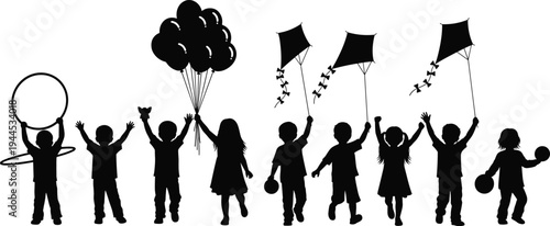 Black silhouettes of happy children playing with kites, balloons, hula hoops, and balls isolated on white background, joyful kids vector illustration for childhood and summer fun.