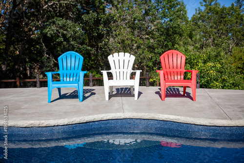 Blue white and Red Adirondack chairs and a pool
