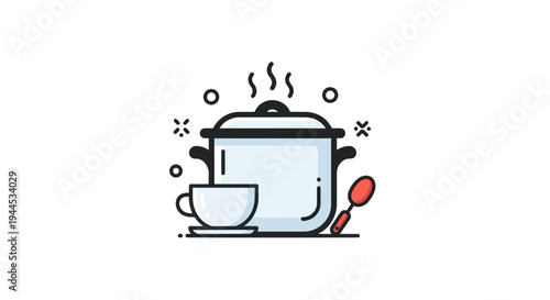 Cooking pot icon with cup and spoon