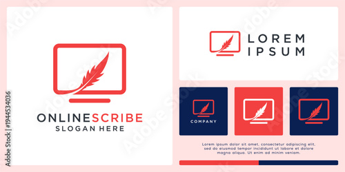 Online scribe logo design with screen and feather