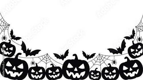 Spooky Halloween border with jack-o'-lanterns, bats, and spiderwebs for a festive and eerie celebration. Vector illustration.