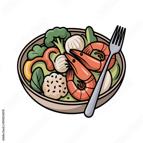 Garlic Shrimp Bowl Illustration of Healthy Seafood Meal with Vegetables