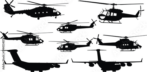 Military helicopter and aircraft silhouette collection, aviation transport vehicles set, army air force machines, flying transport aircraft vector illustration