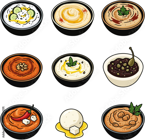 Nine bowls of various dips and spreads
