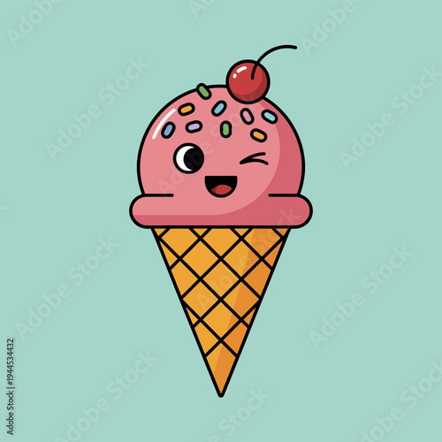 A winking ice cream cone with sprinkles and sprinkles