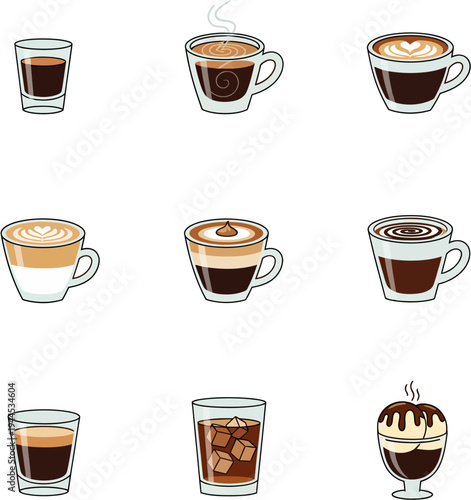 Nine different types of coffee drinks on white background