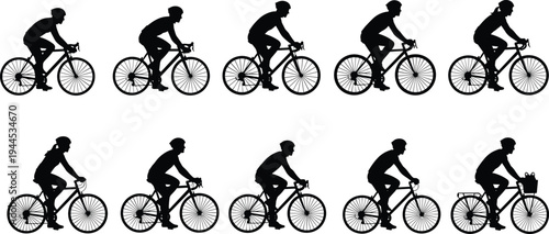 Silhouette cyclists riding bicycles in diverse postures equipment styles, commuting recreation competitive cycling lifestyle illustration design concept
