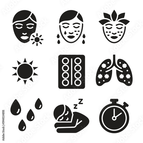 LED therapy vector icons, solid style, red facial light, blue acne light, green calming light, skincare treatment and wellness concept, junior therapist, senior skincare specialist, director, ceo.