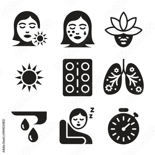 LED therapy vector icons, solid style, red facial light, blue acne light, green calming light, skincare treatment and wellness concept, junior therapist, senior skincare specialist, director, ceo.