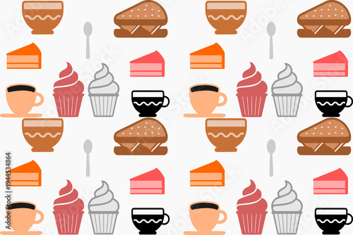 Cute dessert and coffee seamless pattern with cupcakes, cakes, and drinks. Sweet bakery themed vector background.