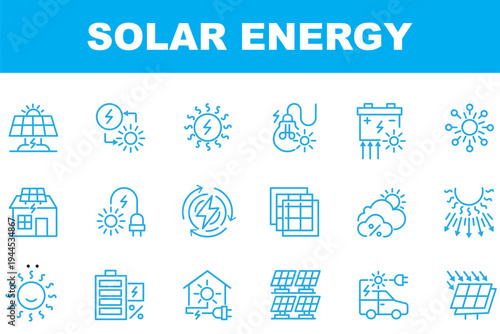 Solar Energy Icon Set, Renewable Sustainable Power Thin Line Icons, Solar Panel, Green Technology, and Eco Friendly Energy Resource Symbols