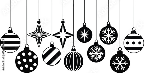 Elegant black and white border featuring various Christmas baubles, starbursts, and snowflakes, ideal for holiday greetings and decor.