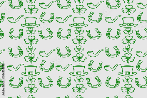 St. Patrick’s Day outline pattern with shamrocks, horseshoes, leprechaun hats, and lucky symbols on light background.