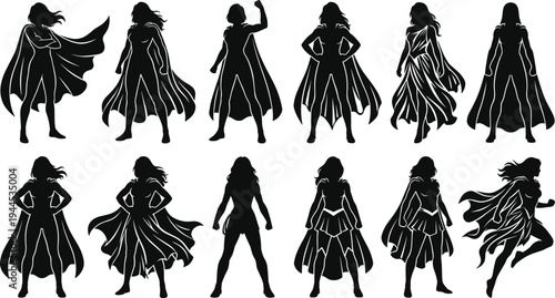 Silhouette female superheroes in dynamic poses with capes, strength empowerment diversity concept, powerful women character illustration design