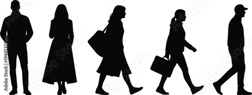 Black and white vector silhouettes of diverse people walking and standing with bags for urban lifestyle commute or business travel.