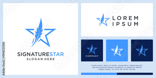 Signature star logo design template wit feather