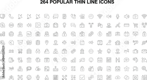 Thin line icons set, popular minimal symbols, communication media graphics, business technology illustration, navigation social design, monochrome interface collection