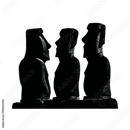 Three Moai statues silhouetted against a white background, representing ancient Polynesian culture and mystery.