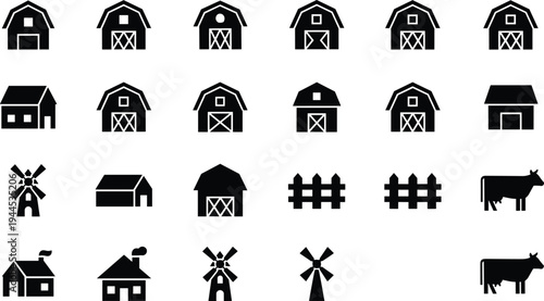 Farm silhouette icons, barn house symbols, windmill fence graphics, cow animal illustration, agriculture design elements, rural farming concept collection