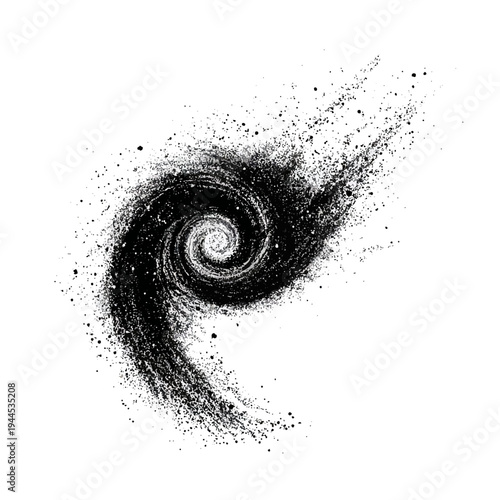 Abstract swirling black dust particles forming a spiral galaxy shape on a white background.
