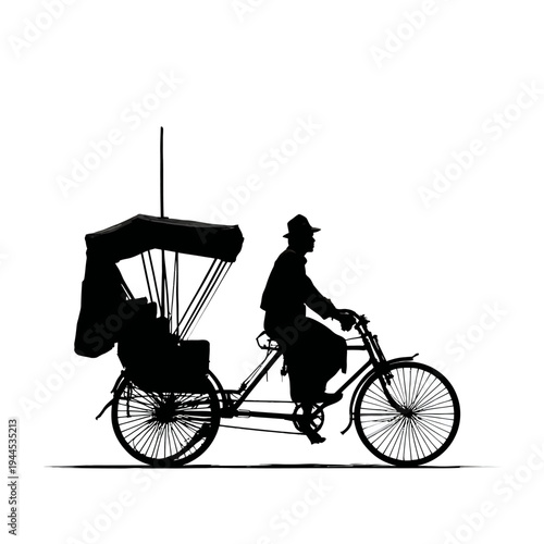Silhouette of a man riding a cycle rickshaw with a passenger in the back, isolated on white.