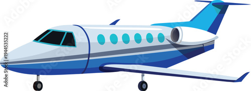 Blue and white private jet airplane illustration