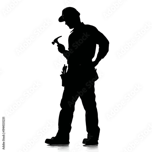 Silhouette of a construction worker holding a hammer and looking at it, isolated on white background.