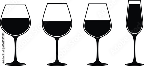 Wine glass collection, red wine drinkware, champagne flute illustration, beverage serving design, alcohol tasting concept, elegant barware graphic set
