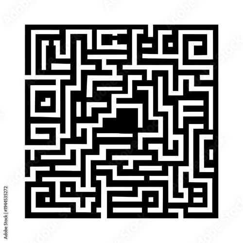 Complex black and white maze pattern with a central dark area, representing challenge and complexity.