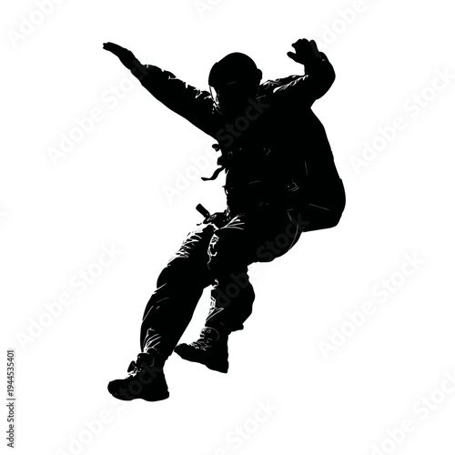 Silhouette of a skydiver in mid-air against a white background, captured in a dynamic pose.
