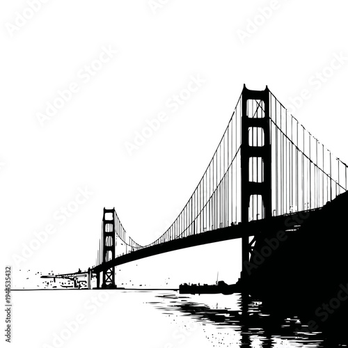 Iconic Golden Gate Bridge silhouette against a stark white background, symbolizing San Francisco and engineering marvels.
