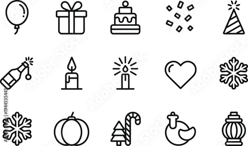 Assortment of black and white line icons for holidays and seasonal events, featuring balloons, gifts, and festive symbols.
