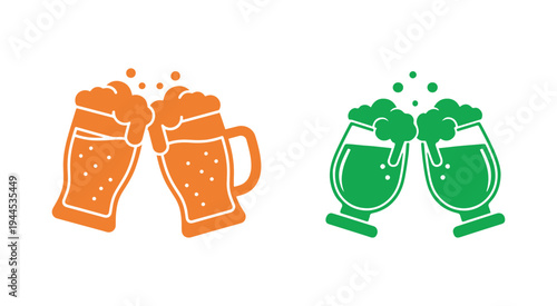 Toasting beer mugs symbol in line and solid vector style.