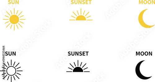Sunset moon icons, day night symbols, celestial body illustration, solar lunar design, astronomy graphic concept, color monochrome comparison collection