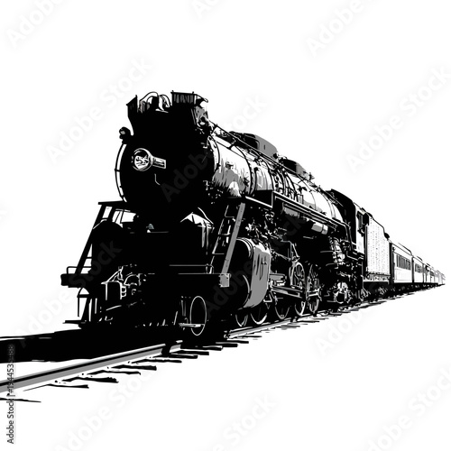 Classic steam locomotive pulling passenger cars on a railway track, rendered in a dramatic black and white illustration.