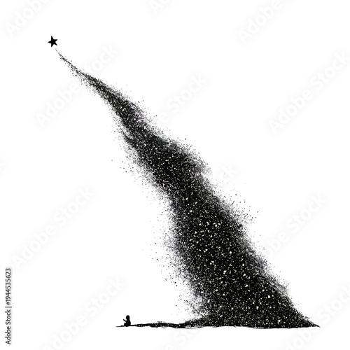 A solitary figure watches a trail of stardust ascend towards a single star in the night sky.